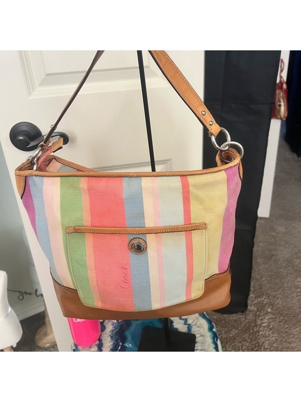 COACH Hamptons Legacy Striped Canvas & Leather Bag Clean EUC